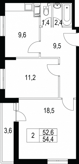 Двухкомнатная квартира 54.4 м²