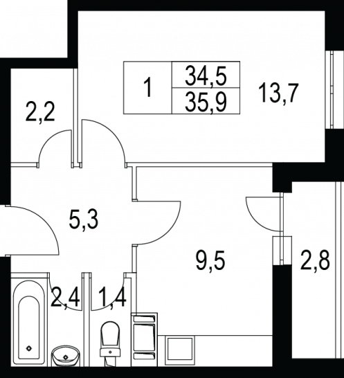 Однокомнатная квартира 35.9 м²