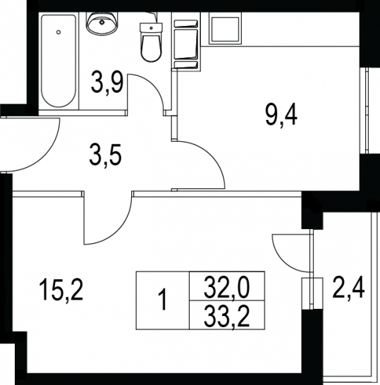 Однокомнатная квартира 33.2 м²
